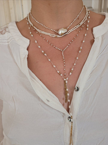 Golden rice pearl lariat necklace