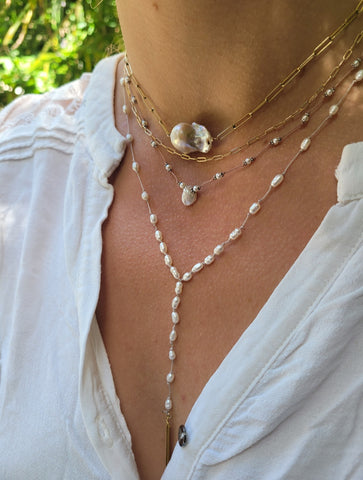 Rice pearl lariat necklace